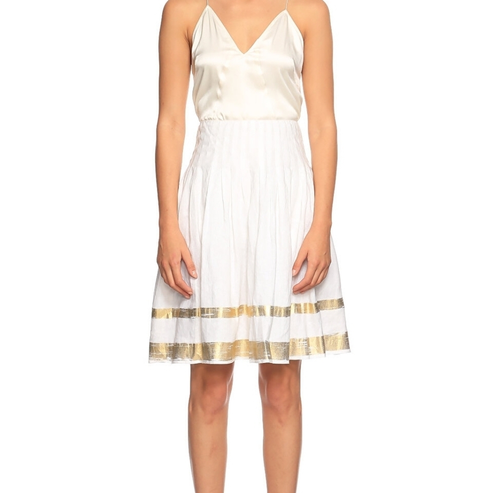 Ralph Linen Black Label Pleated Linen Skirt Gold Brushstroke On White Sz 8 NWT